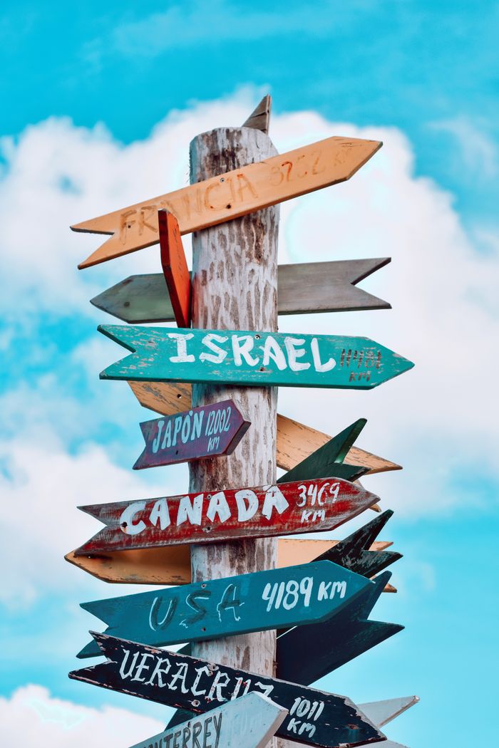 Home Colorful signpost with country names pointing in different directions against a bright sky.